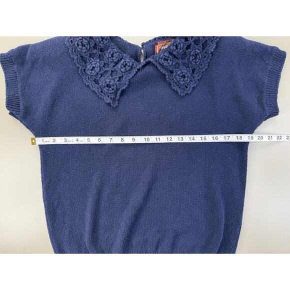 VTG Crochet Collar Short Sleeve Sweater Womens M Navy Blue Preppy GrannyCore - Picture 6 of 14